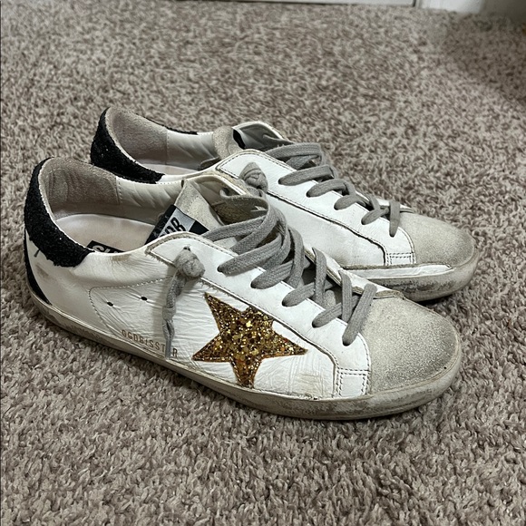 Golden Goose Super Star Black and Gold Glitter Lace Up Sneakers Size 38 - Picture 5 of 12